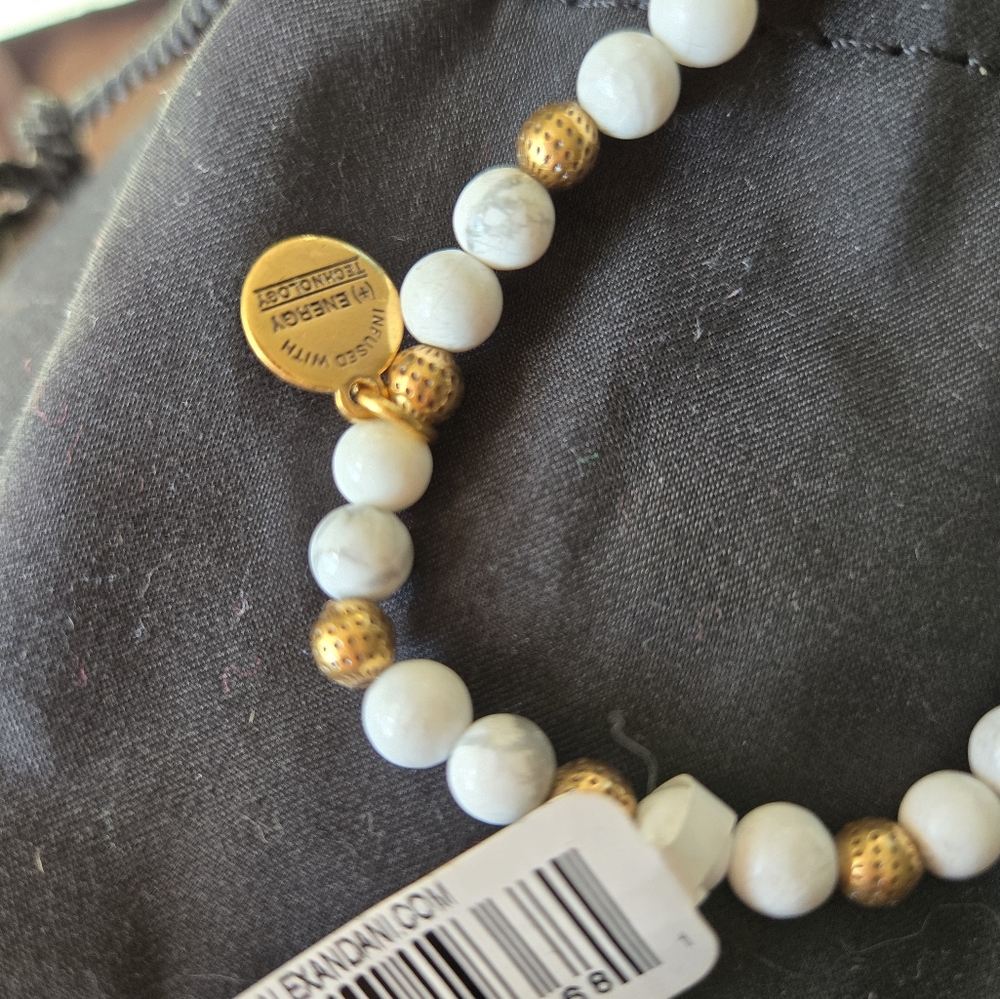 NWT Alex and Ani stretch stone beaded bracelet, white marbled,gold - Picture 4 of 5